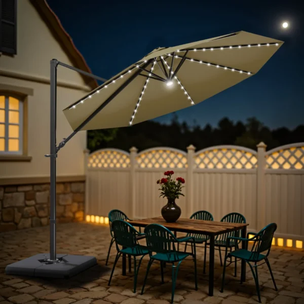 product-10ft-cantilever-umbrella-brown-with-light-scene-img Patiowell 10ft Cantilever Patio Umbrella with Solar Light, Rotation & Tilt, Brown