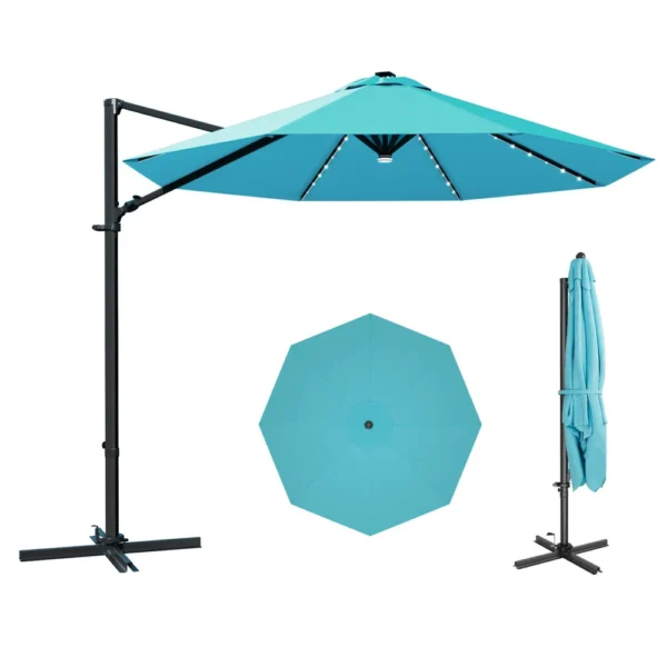 Patiowell 10ft Cantilever Patio Umbrella with Solar Light, Rotation & Tilt, Light Blue