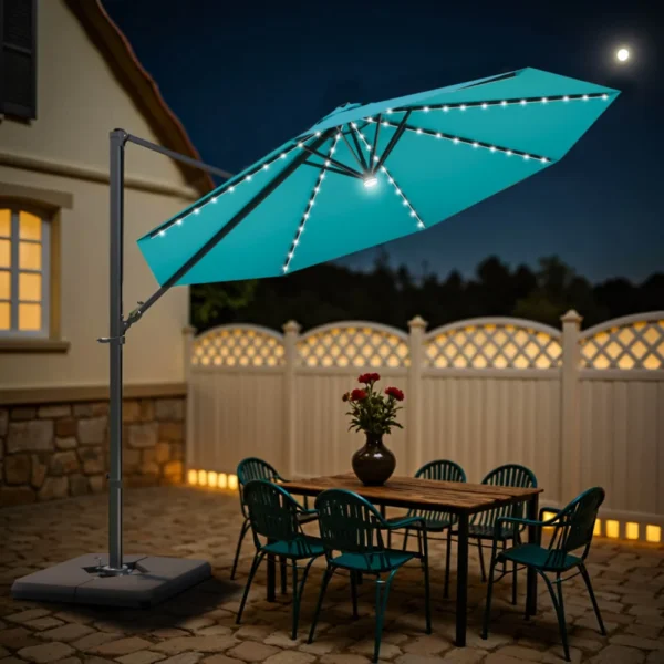 Patiowell 10ft Cantilever Patio Umbrella with Solar Light, Rotation & Tilt, Light Blue